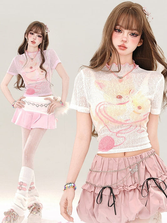 Pink/White Cartoon Kitty Semi-sheer Crop Top