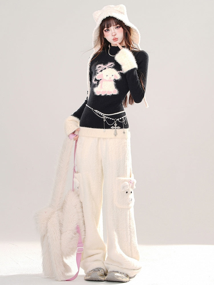 Black Cute Lamb Pattern Mock Neck Slim-fit Sweater