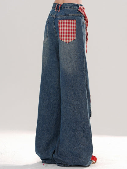 Blue Detachable Plaid Bow Cargo Pockets Wide-leg Cut Jeans