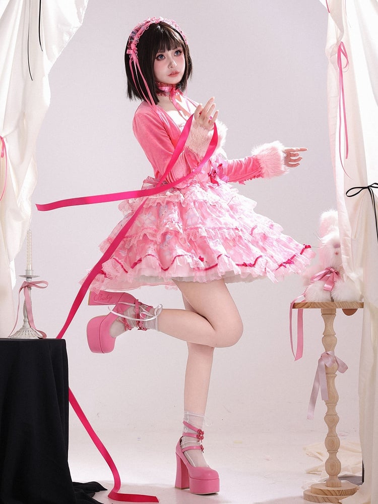 Cute Pink Lolita Accents Bow Bunny Boning Satin Print Dress