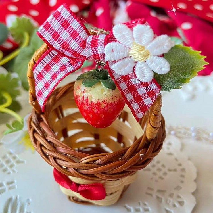 Pendant Details Floral Strawberry Decorated Necklace Red Bowknot Basket And Beaded