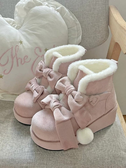 - Lolita Süße Plateaustiefel Pompon Winter Charm Pink