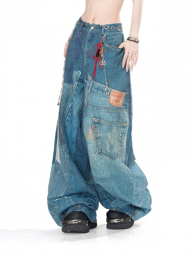 Denim Blue Faded Wash Pockets Wide-Leg Cut Jeans