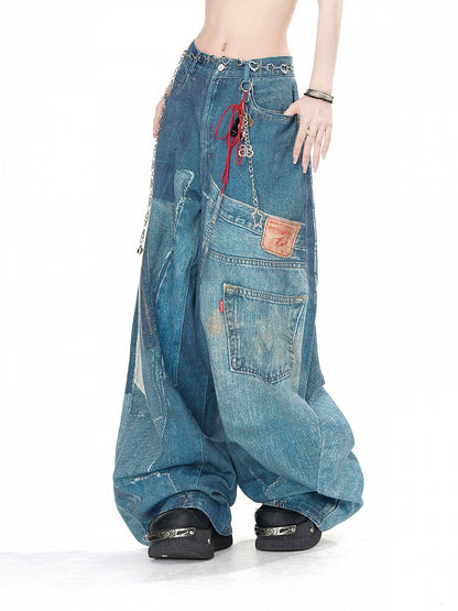 Wash Faded Pockets Wide-Leg Cut Jeans Denim Blue
