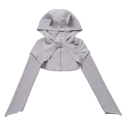 Light Gray Wolf Ears Hooded Futuristic Cropped Top