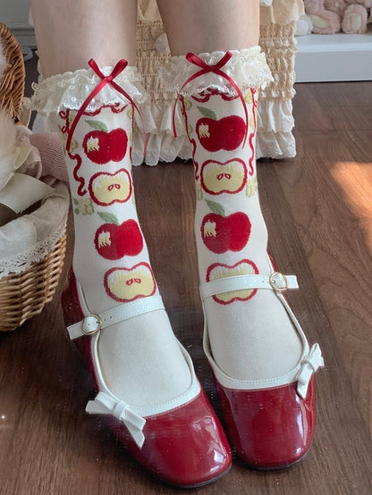Lolita Calf Trim Sweet Socks Print Lace Apple Green/Red