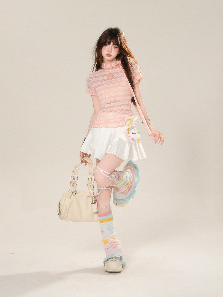 Skirt with Accents Charm JK Uniform White High Free Waist Bowknot