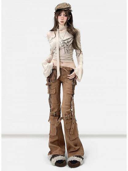 Wasteland Silhouette Flare Lace-up Jeans Punk Detail Brown Coffee