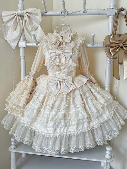 White Dress Hanayome Lolita Jumper Bows Skirt Decorated Lace Apricot Trims