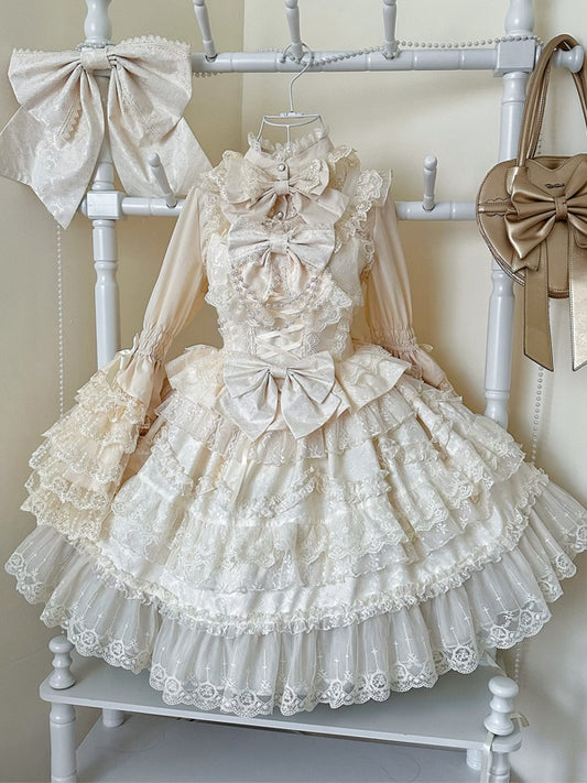 White Dress Hanayome Lolita Jumper Bows Skirt Decorated Lace Apricot Trims