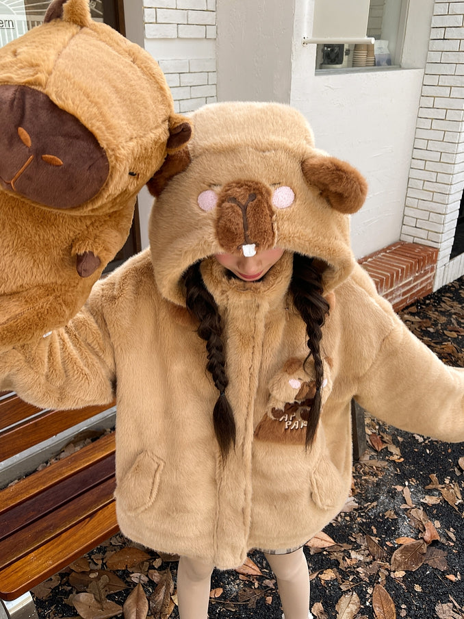 Cute Capybara Adorned Brown Plush Zip Hoodie