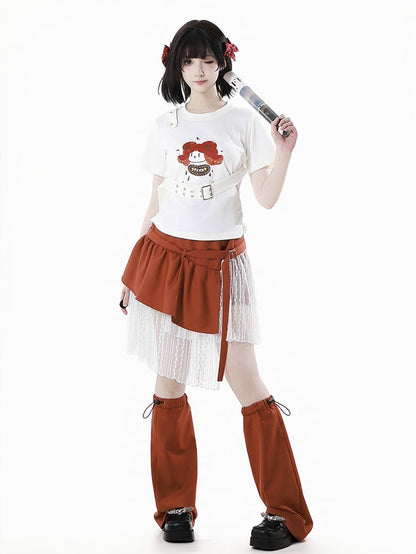 White Cartoon Print T-Shirt with Detachable Buckle Strap