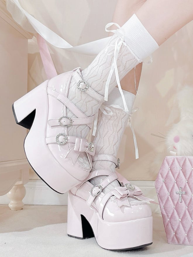 Polished Pink Jirai Kei Bow Rhinestone Platform High Block Heels