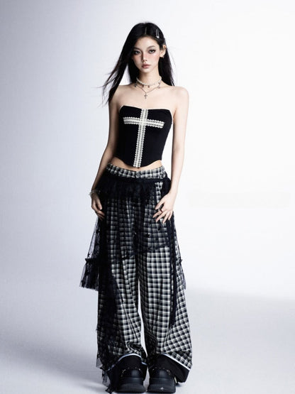 Black  White Plaid Low Waist Straight-Leg Pants