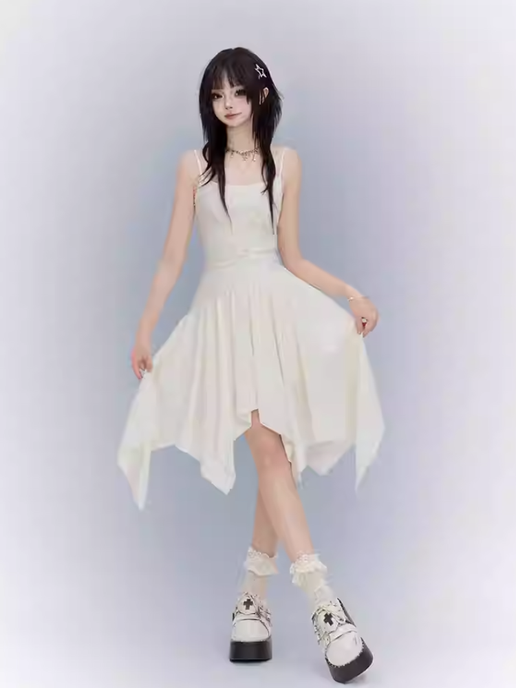 Apricot Asymmetrical Cami Dress Punk Waistline Cross Detail Handkerchief Hem Wasteland