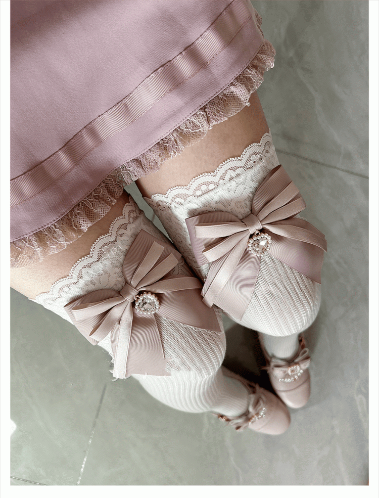 Dusty Pink Bow Detail Front Heart Rhinestone Jirai Kei Over Knee Stockings