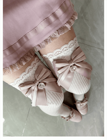 Dusty Pink Bow Detail Front Heart Rhinestone Jirai Kei Over Knee Stockings