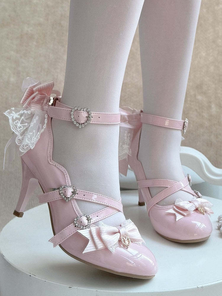 Light Elegant with PU Pink Bows High Leather Lolita Heels