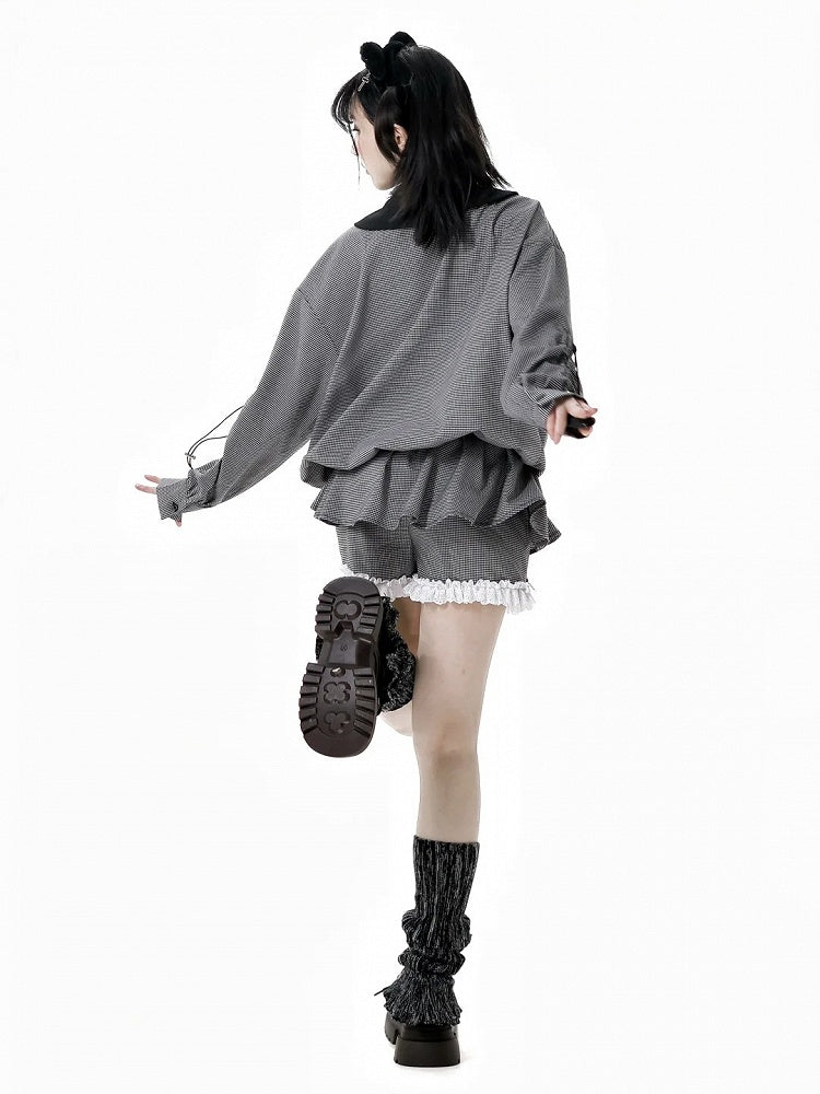 Blouse Drawstring Black and White Plaid Peter Pan Collar Bow Accents Cuffs