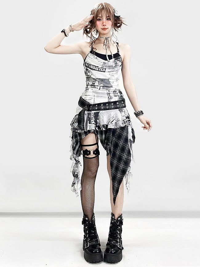 Dye Tie Design + Plaid Cami Pattern Dress Top Neck Asymmetrical Skirt Detail White Black Hem Halter Spiderweb