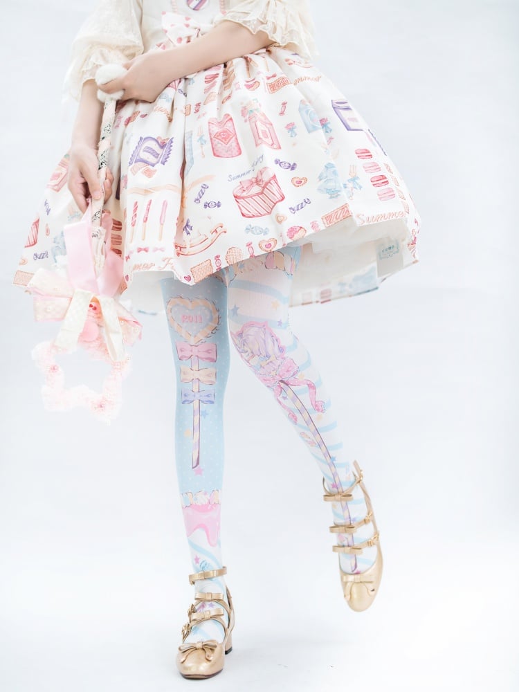 Candy Scepters Print Velvet Over Knee Stockings