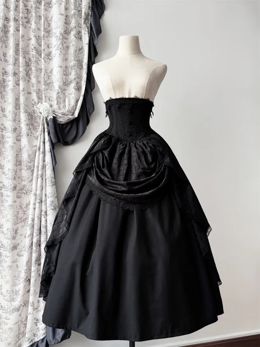 Black Boned Corset Waist Skirt High Waist Aristocrat Gothic Lolita Skirt