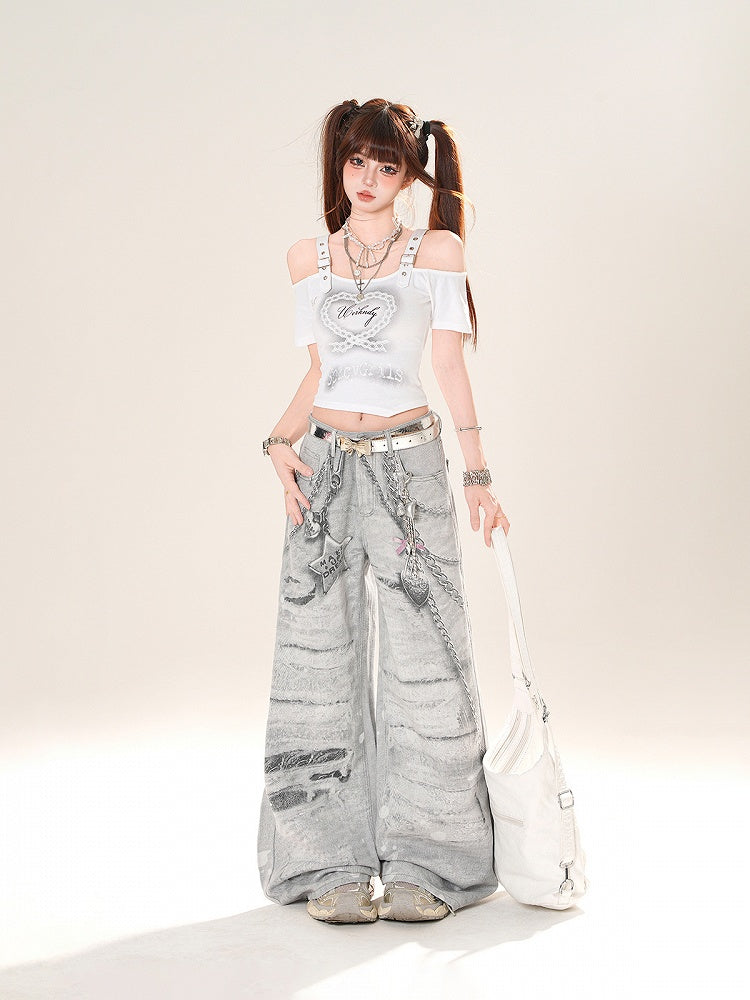 Neckline Heart Print Cropped Off-the-shoulder T-Shirt White
