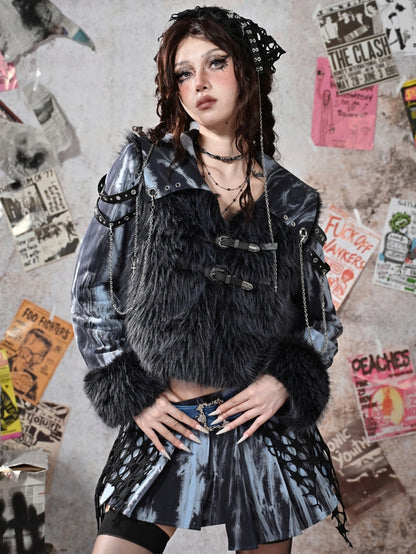 Grunge Punk Rock Blue Faux Fur Patchwork Jacket Chain Detail