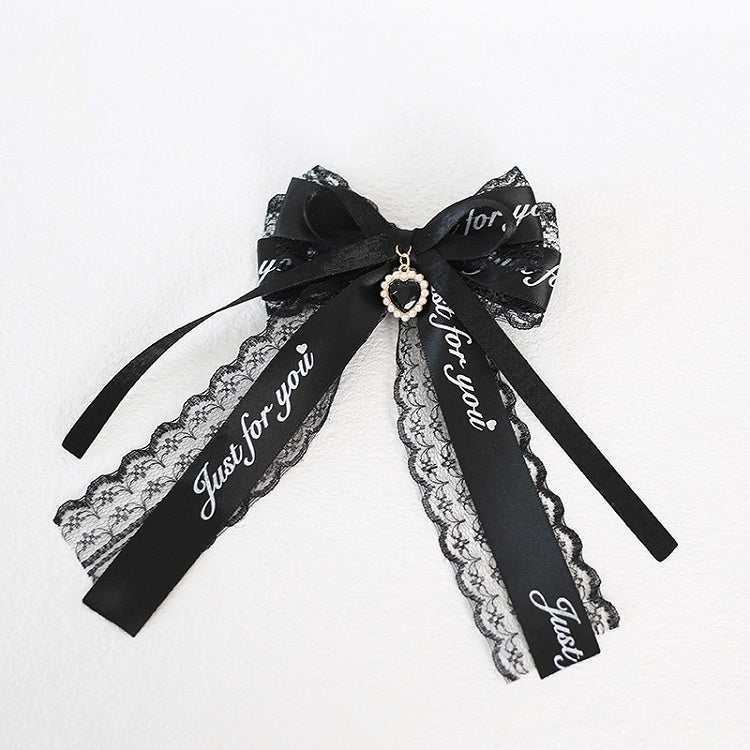 Kei Pink Lace Jirai Haarspange mit Herzanhänger Schwarze Schleife /
