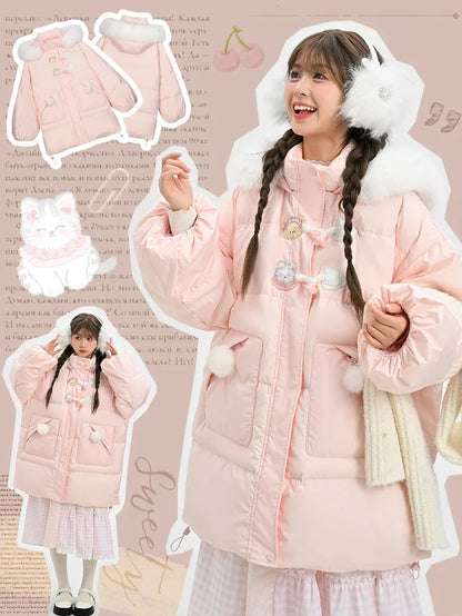 Pink Cute Bear and Kitty Plush Trim Hooded Down Coat