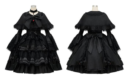 Kuro Sleeves Cape Drawstring Dress Layered Bell Gothic Skirt Lolita + Black