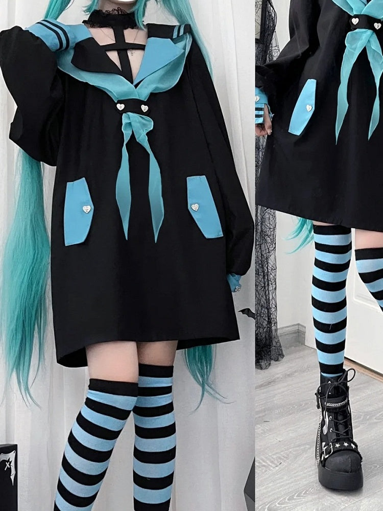 Style Landmine Black Futuristic Sailor Collar  Cross Halter Neck Long Top with Contrast Green