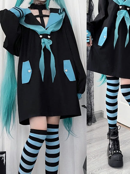 Style Landmine Black Futuristic Sailor Collar  Cross Halter Neck Long Top with Contrast Green