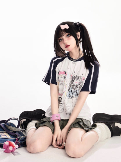 and Black White Design Colorblock Print T-Shirt Anime Graffiti