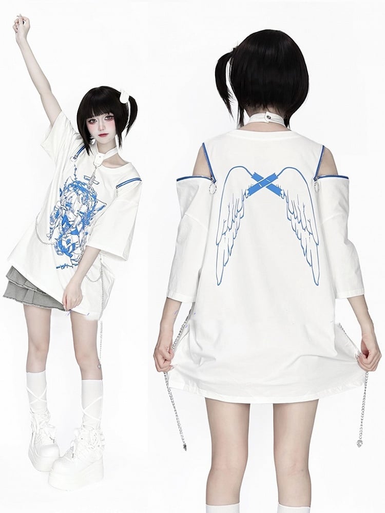 Chain Anime with Convertible Blue T-Shirt Shoulder Detachable Zip Black Choker Print White /