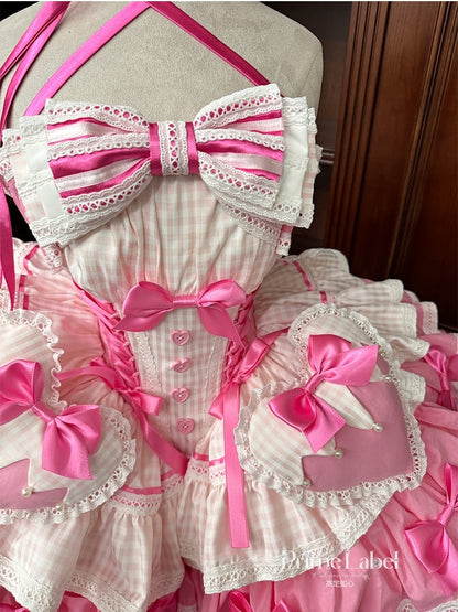 Pink Boned Basque Waist Puffy Dress with Bowknots and Big Padded Heart