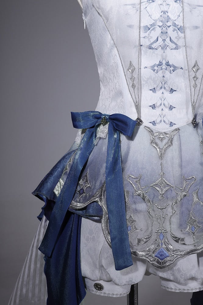 Lolita Handkerchief White Skirt with Blue Dragon And Neck Dress Straps Print Layered Crisscross Gothic Bone