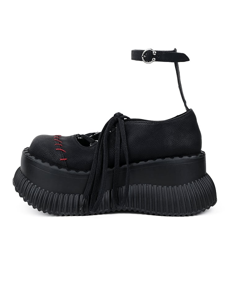 Contrast Closure with Lace-up Stitching - Crisscross Red Janes Black Platform Mary