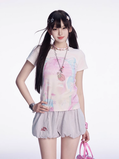 Embroidery Mini Bubble Skirt Pattern White Striped Letter