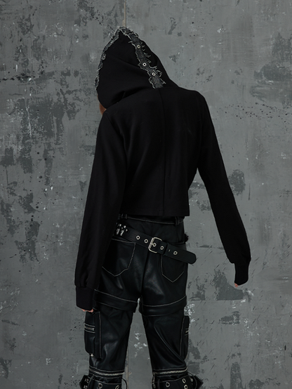 Cardigan With Denim Patchwork  Zipper Accents Black Punk Cross Knit Hooded