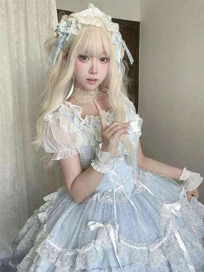 Pullover, abnehmbare Ärmel, Rock, süßes Lolita-Kleid, flatternd mit großem blauen Schnürmieder, hoch taillierter Schleife