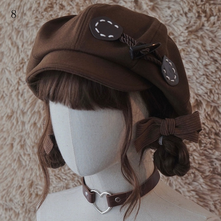 Brown Beret Decorated Button Hat