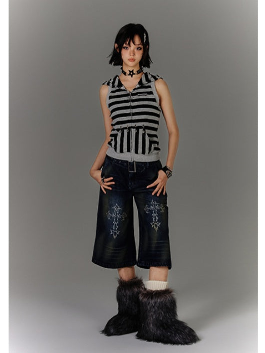 with Buckle Blue Print Faded Wash Glamorous Distressed Jeans Belt Cross