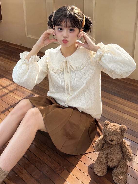 Apricot Peter Pan Collar Balloon Sleeves Lace Blouse