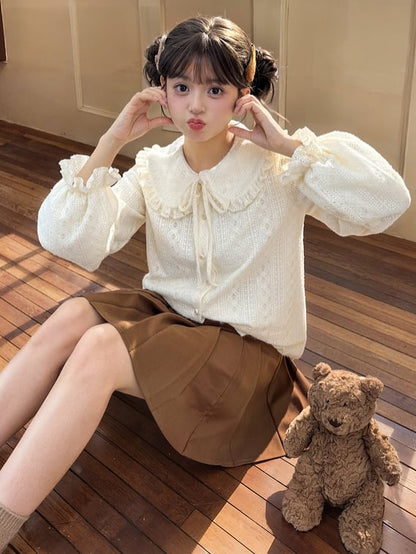 Apricot Peter Pan Collar Balloon Sleeves Lace Blouse