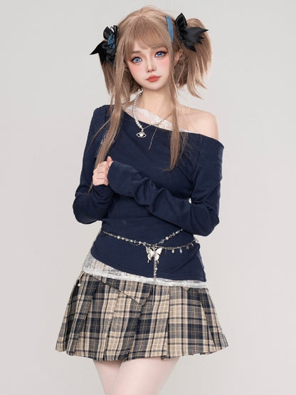 Khaki/Red Buckle Straps High Waist Plaid Pleated Skirt