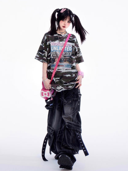 Jeans Rise Faded Wash Distressed Holes Wide-leg Cargo Black Low