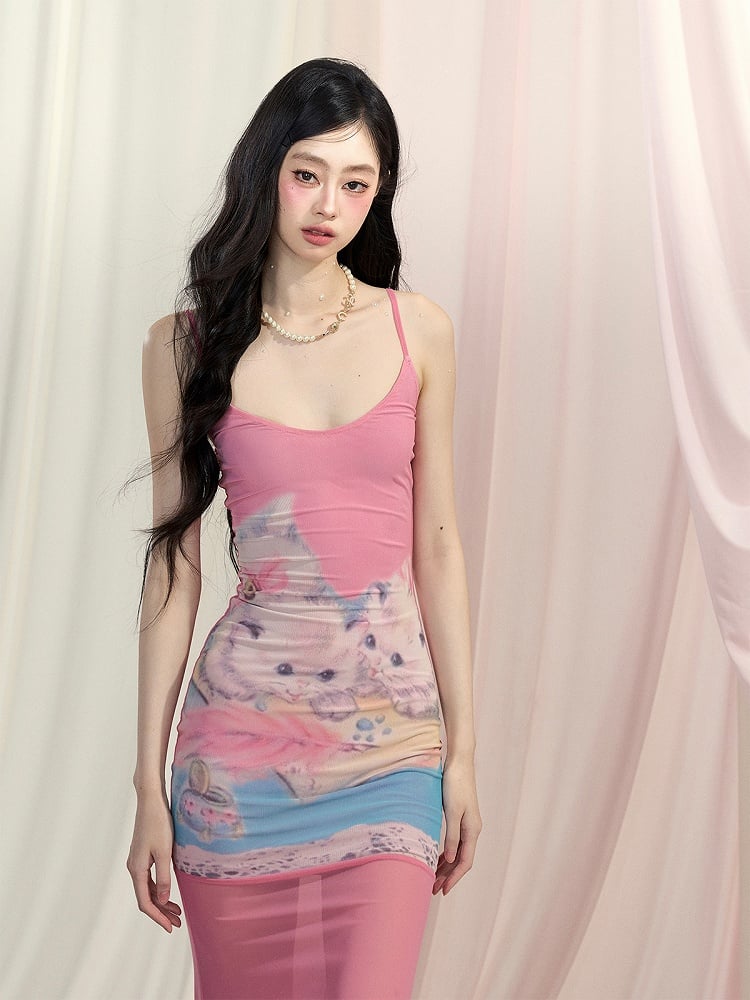 Pink Cute Cat Print Bodycon Skirt Slip Dress Mermaid