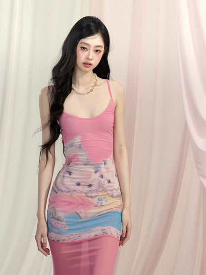 Pink Cute Cat Print Bodycon Skirt Slip Dress Mermaid