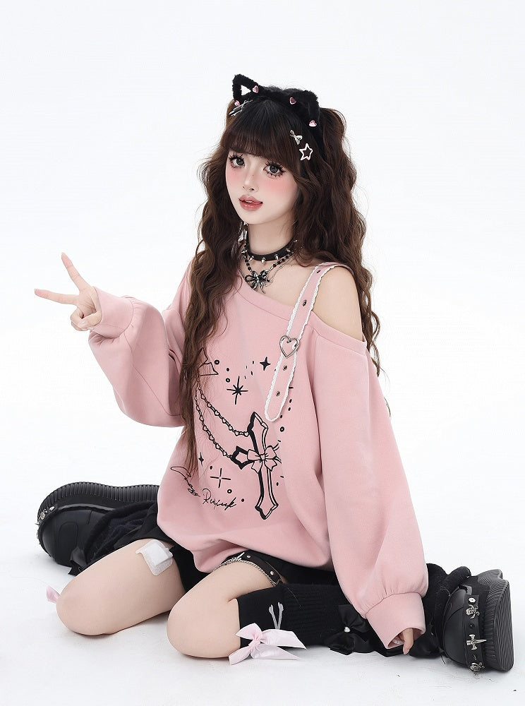 Black/Pink Asymmetrical Neckline Heart Buckle Cross Embroidered Sweatshirt